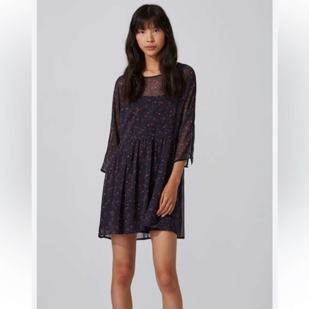Frank & Oak Printed chiffon floral dress mid sleeves sheered Size Small
